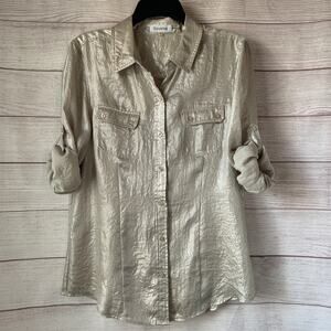 Calvin Klein Silver Metallic Button Up Shirt Long Roll Tab Sleeves Size M